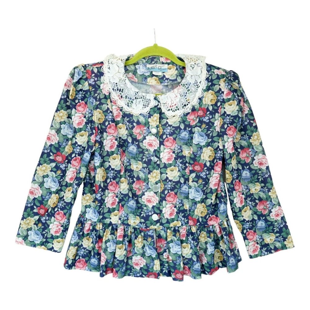 Vintage Just Ducky‎ Blouse Sz 12 Floral Print Eyelet Embroidery Statement Collar